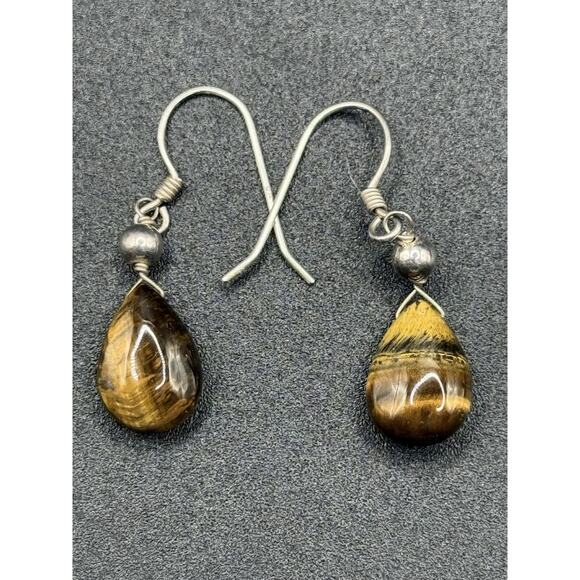 Tigers Eye Sterling Silver Dangle Earrings 925 N13 - Picture 1 of 9